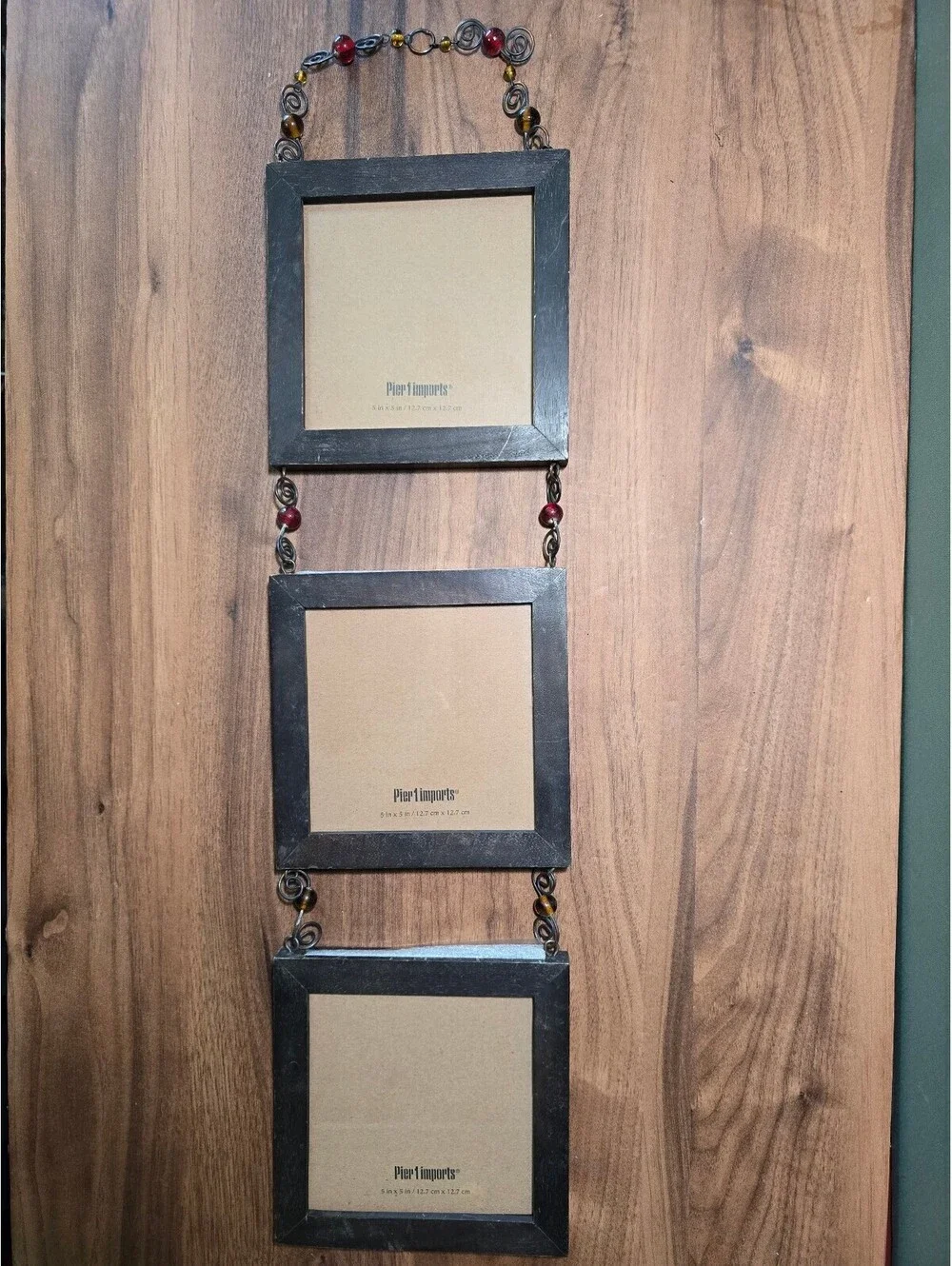 Vintage Pier 1 Imports Triple Hanging Frame Beaded Wire Wood Photo Collage